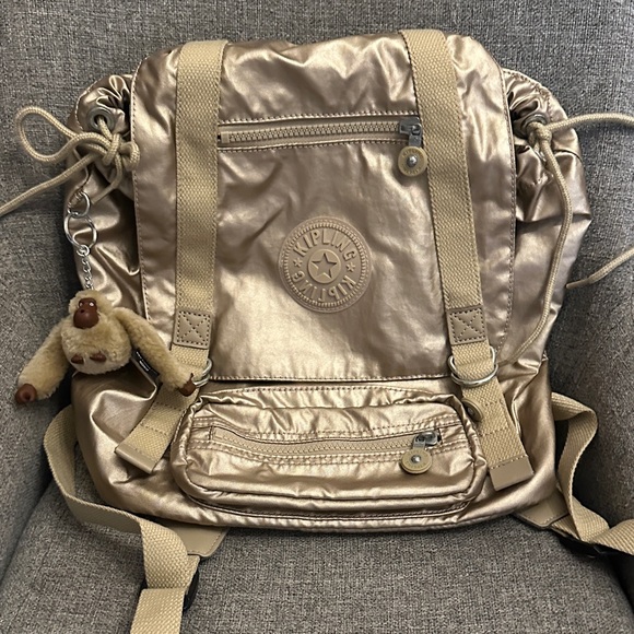Kipling Shiny Gold Backpack with Keychain - Picture 1 of 5